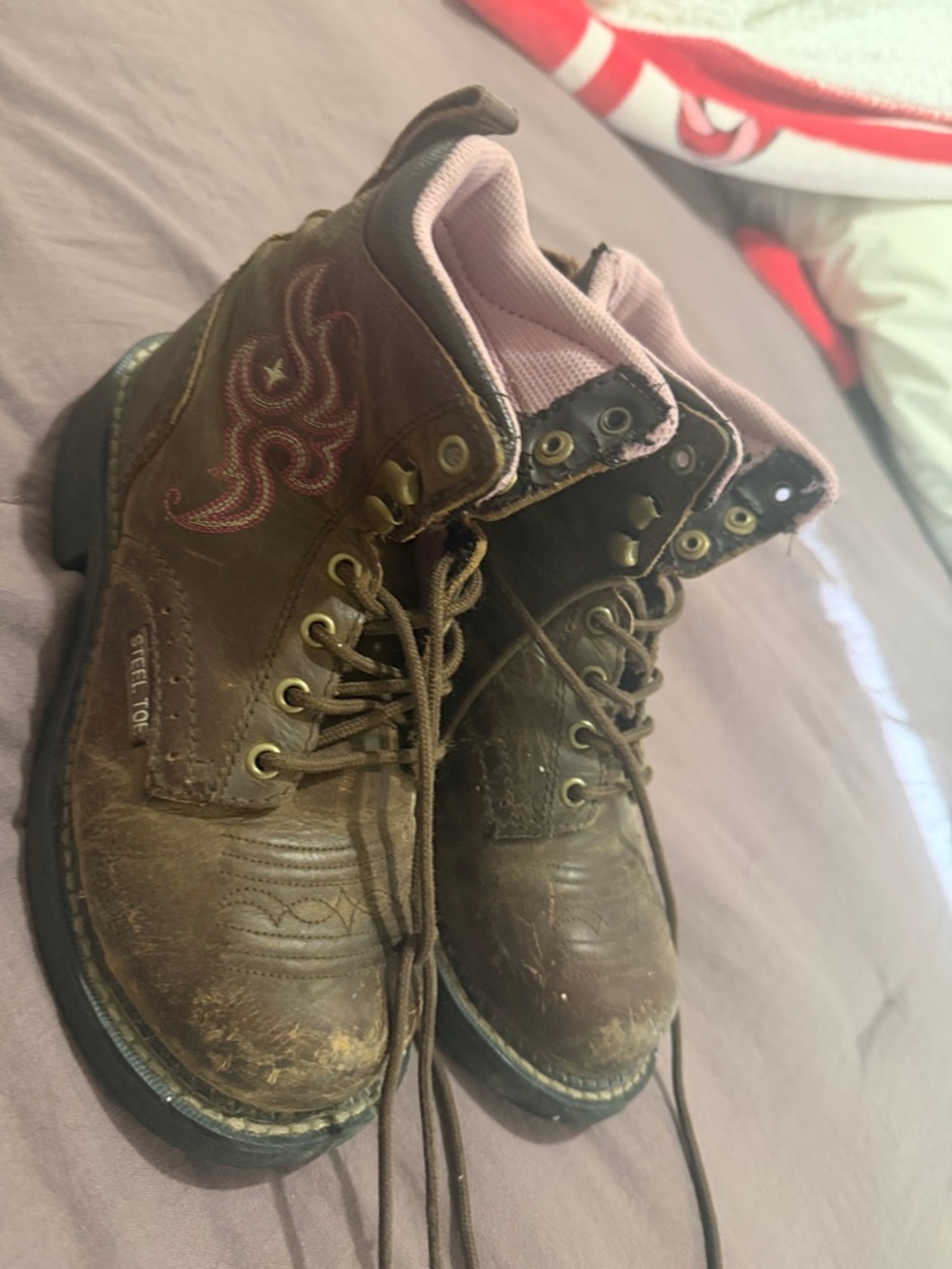 Justin Boots Women's Brown Lace-Up Work Boots with Pink Lining